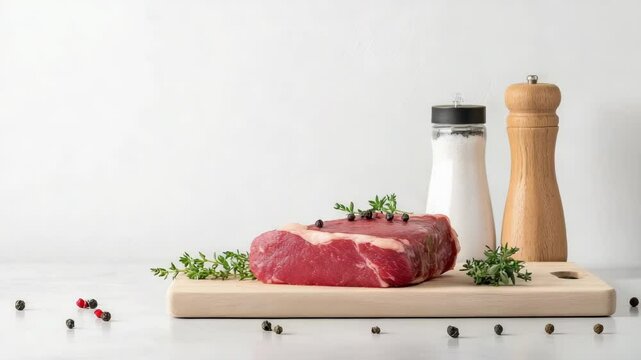 Rustic Kitchen Fresh Beef Steak on Wooden Cutting Board with Salt, Pepper, Herbs, and Spices for Culinary Delight