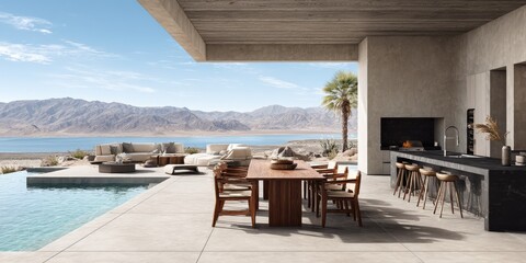 Fototapeta premium Desert Oasis Modern villa with pool with outdoor kitchen, and and lake view.