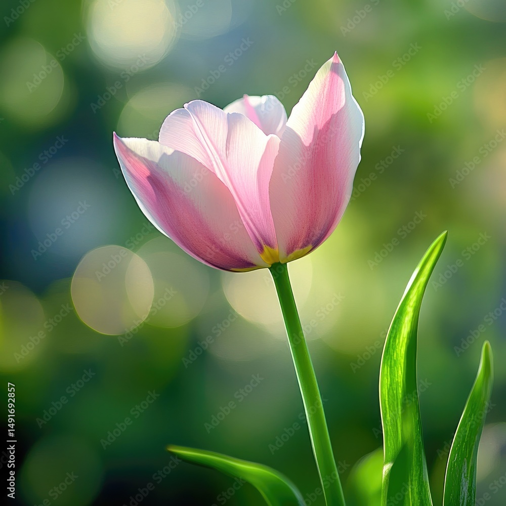Poster closeup of blooming tulip flower in spring on pastel bokeh background