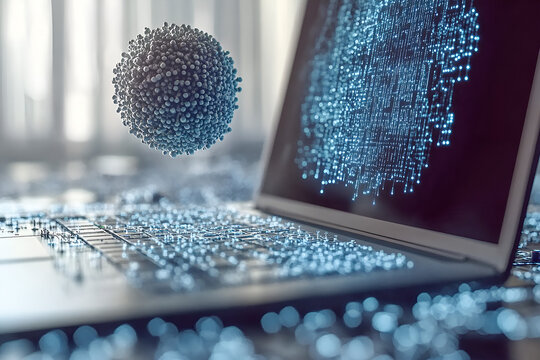 Futuristic digital concept of a laptop interacting with a molecular structure in a cyber world illustrating data and technology