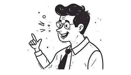 Fototapeta premium Cartoon Man with Idea: Enthusiastic, Smiling, Pointing Upward, Black and White Line Art.