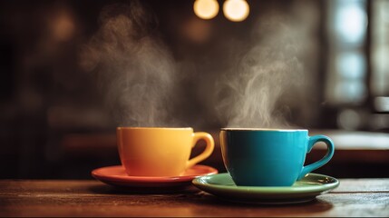 Fototapeta premium Two cups of hot coffee in modern cafe