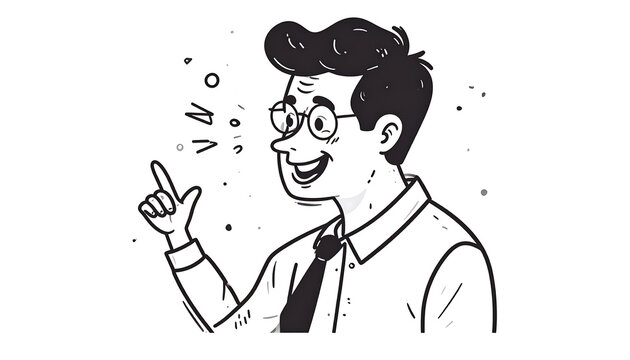 Cartoon Man with Idea: Enthusiastic, Smiling, Pointing Upward, Black and White Line Art.