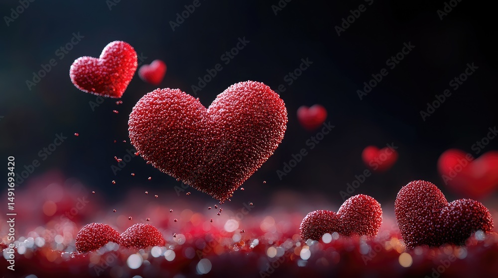 Poster cute red hearts softly glowing in bokeh style over a deep black background