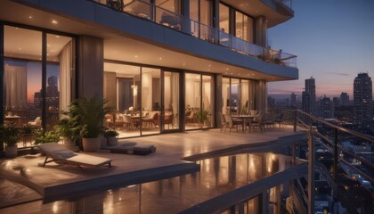 Obraz premium Evening sun illuminates luxurious high-rise apartment, expansive balcony , spacious, high-rise, condo