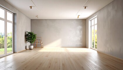 A bright, minimalistic room with large windows, wooden floors, and a potted plant, creating a serene and open atmosphere