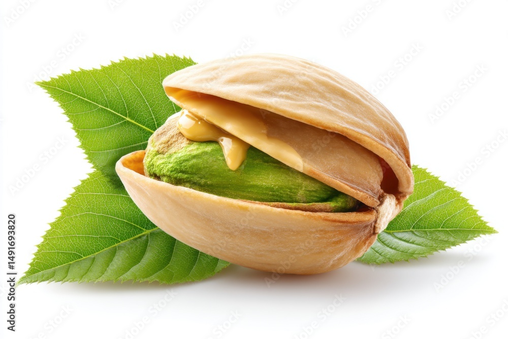 Poster macro shot of a single pistachio nut in shell with a drizzle of honey and green leaves on a white ba