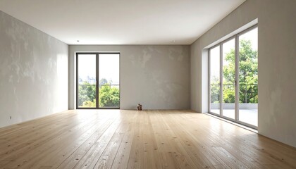 Obraz premium A spacious, modern room with large windows, natural light flooding in, and a minimalist design featuring wooden floors and a view of greenery outside