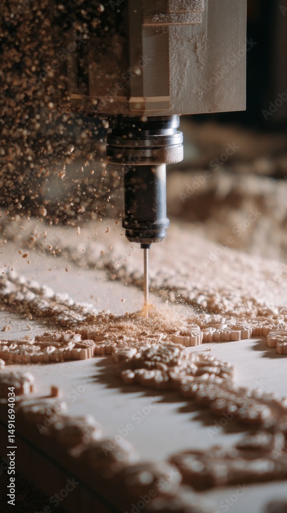 Poster close-up of cnc machine milling wood with flying sawdust in workshop; industrial automated process f