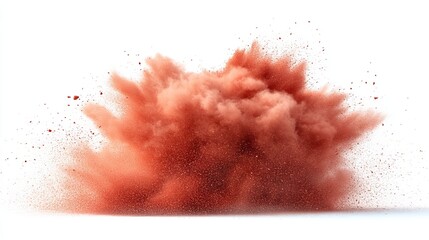 A vibrant, reddish-brown powder explodes against a stark white background, creating a dynamic, textured cloud of particles