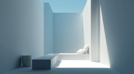 Fototapeta premium Minimalist Serenity White space with blue sky, sunlight, pillows, and modern.