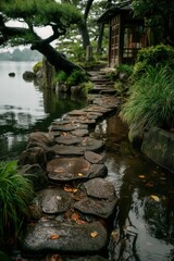 Stone path leading to traditional japanese teahouse in a peaceful garden