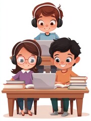 Cartoon children studying together at desk with laptops and books wearing headphones in bright illustration