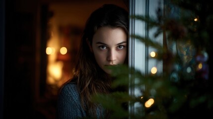 Woman gazing out window at colorful Christmas lights glowing at night indoors.