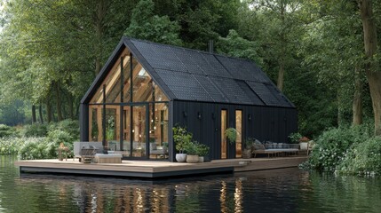 Obraz premium Modern Floating Home Tranquil lake dwelling with nature retreat.