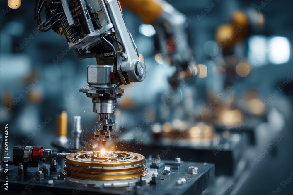 Poster robotic arm precision welding closeup in factory setting automation technology innovation