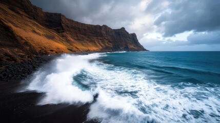 Fototapeta premium Dramatic ocean waves crashing on rocky shoreline landscape