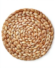 Woven placemat on white background viewed from above shows natural texture and circular pattern for table setting and home decor