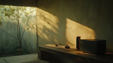 Fototapeta premium Sunlight streams into a tranquil, rustic interior space.