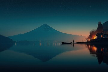 Fisherman contemplating mount fuji at twilight from kawaguchiko lake