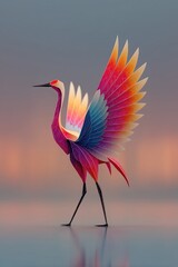 Colorful crane walking with open wings at sunset