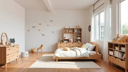 Modern children’s bedroom with soft neutral tones, wooden furniture, clean, cozy, and kid-friendly