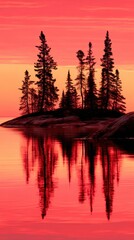 Fototapeta premium Silhouette of Trees at Sunset Reflecting in Water Serene Landscape Photography at Golden Hour Nature Scene