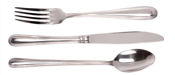 Silverware Set Flat Lay on White Background Studio Shot of Fork Knife and Spoon for Dining Table Setting