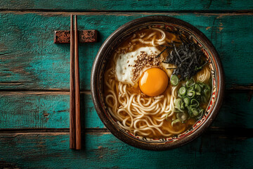 Ramen with egg, sesame seeds, and scallions resting on rustic table
