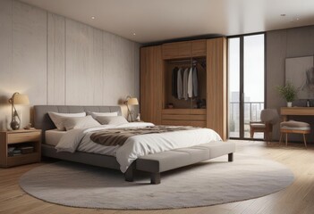 Spacious bedroom with contemporary furnishings and a large walk-in closet ,  modern furniture,  minimalist design