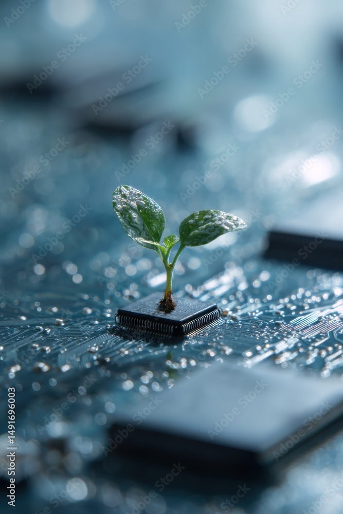 Poster sprout growing on computer chip representing technology and nature balance in a close up shot with a