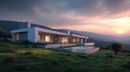 Obraz premium Modern villa sunset Luxury home with pool with nature background.