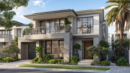 Suburban Dream Modern 2Story House in Bright Day Light.