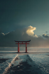 Majestic torii gate amidst snowy landscape at sunset