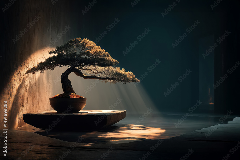 Poster bonsai tree illuminated by golden light rays in a serene setting