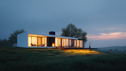Obraz premium Modern home at dusk Minimalist architecture meets tranquil nature.