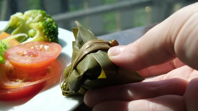 Hand holding zongzi rice dumpling with savoury fillings wrapped in bamboo or reed leaves.