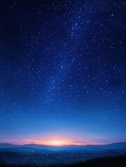 Fototapeta premium Vast starry night sky over layered mountains with a glowing horizon at dawn, evoking calmness and awe