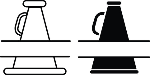 Cheerleader split megaphone icon set black flat, outline styles. Contour symbol. Megaphone, pom-poms. Sport team support group. Customizable illustration collection isolated on transparent background.