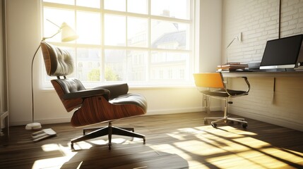 Sunny modern workspace with comfortable chair and desk.