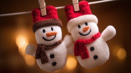 Two white knit snowmen hanging on a clothesline with wooden clothespins against a blurred outdoor background.