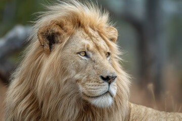 Fototapeta premium Majestic Lion Portrait Close Up in African Wilderness with Golden Mane and Intense Gaze Animal Kingdom Wildlife Photography