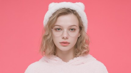Blond woman with glasses wearing a white furry coat, posing against a neutral background in soft daylight.