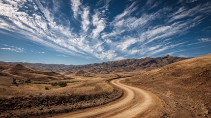 Winding Dirt Road Through Golden Hills Under a Dramatic Sky Landscape View in California USA Outdoors