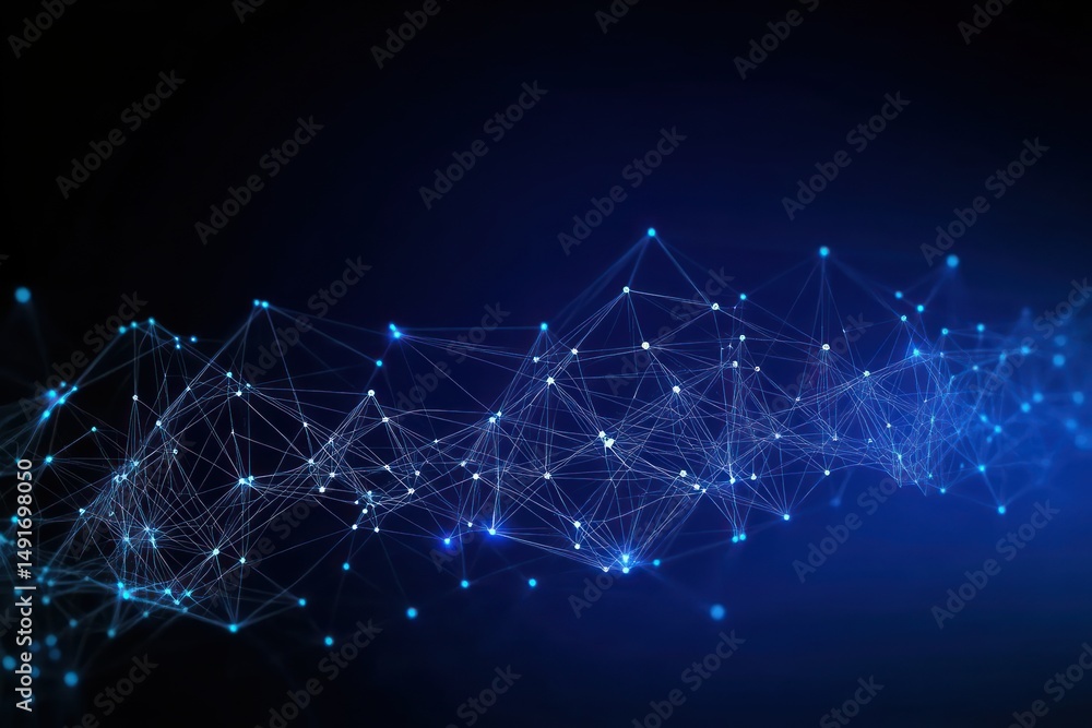 Wall mural abstract digital network of interconnected glowing blue nodes and lines on a dark background conveyi