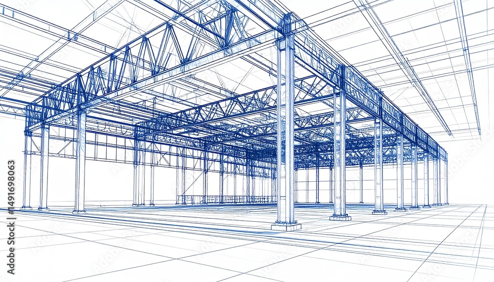 Aufkleber a blueprint of a large industrial space, showcasing structural supports and open layout in a detaile