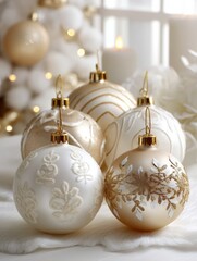 Three white and gold Christmas ornaments arranged on a white table with soft lighting.