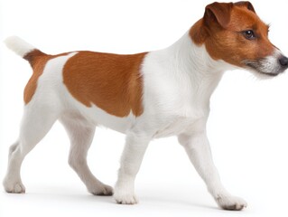 Jack Russell Terrier dog walking side view studio shot on white background canine pet animal breed companion