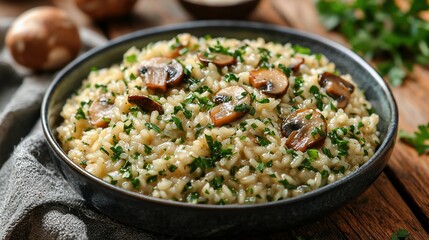 Creamy mushroom risotto with parsley garnish in a dark bowl