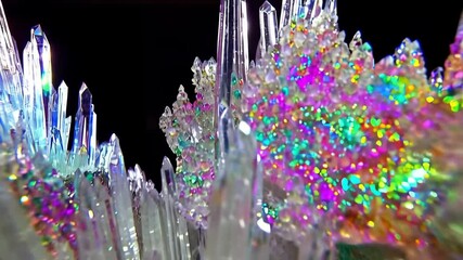 Close-up of cluster of shiny, shimmering iridescent crystals with multiple facets and colorful highlights against a dark background - Powered by Adobe